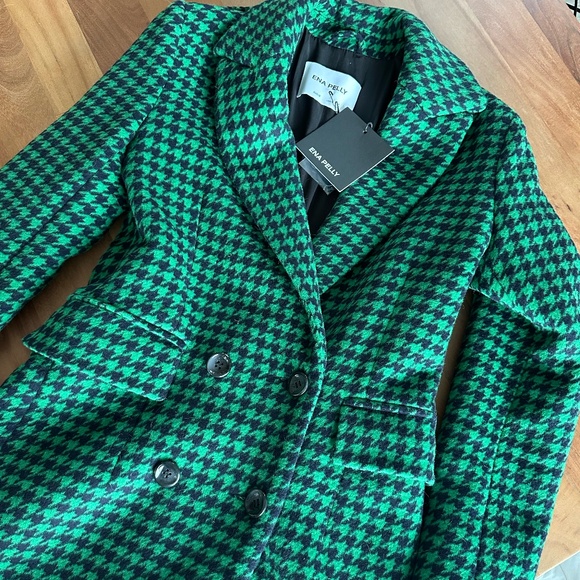 Ena Pelly x RJ ◡̈ Green + Navy Plaid Wool Tailored Houndstooth Coat NWT US2 - Picture 9 of 15